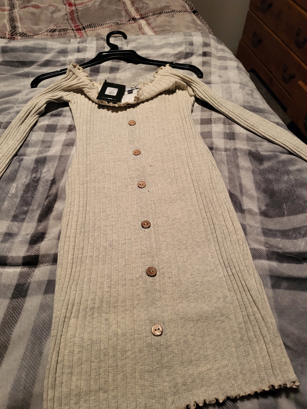 Fashion Nova Cream Off-the-Shoulder Ribbed Button Front Sweater Dress